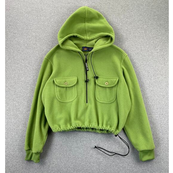 Y2K Route 66 Fleece Sweatshirt Womens L Lime Green Cropped Hoodie 1/2 Zip Retro - Picture 1 of 16